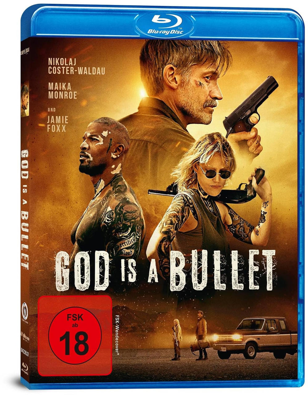 Blu-ray-Cover für 'God is a Bullet'. Zeigt Schauspieler mit Waffen und ein stilisiertes, dramatisches Design.