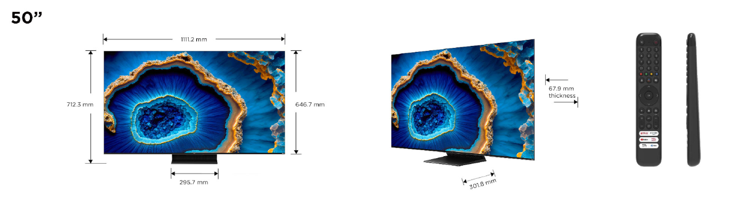 Un televisor de 50 pulgadas con dimensiones y un mando a distancia.