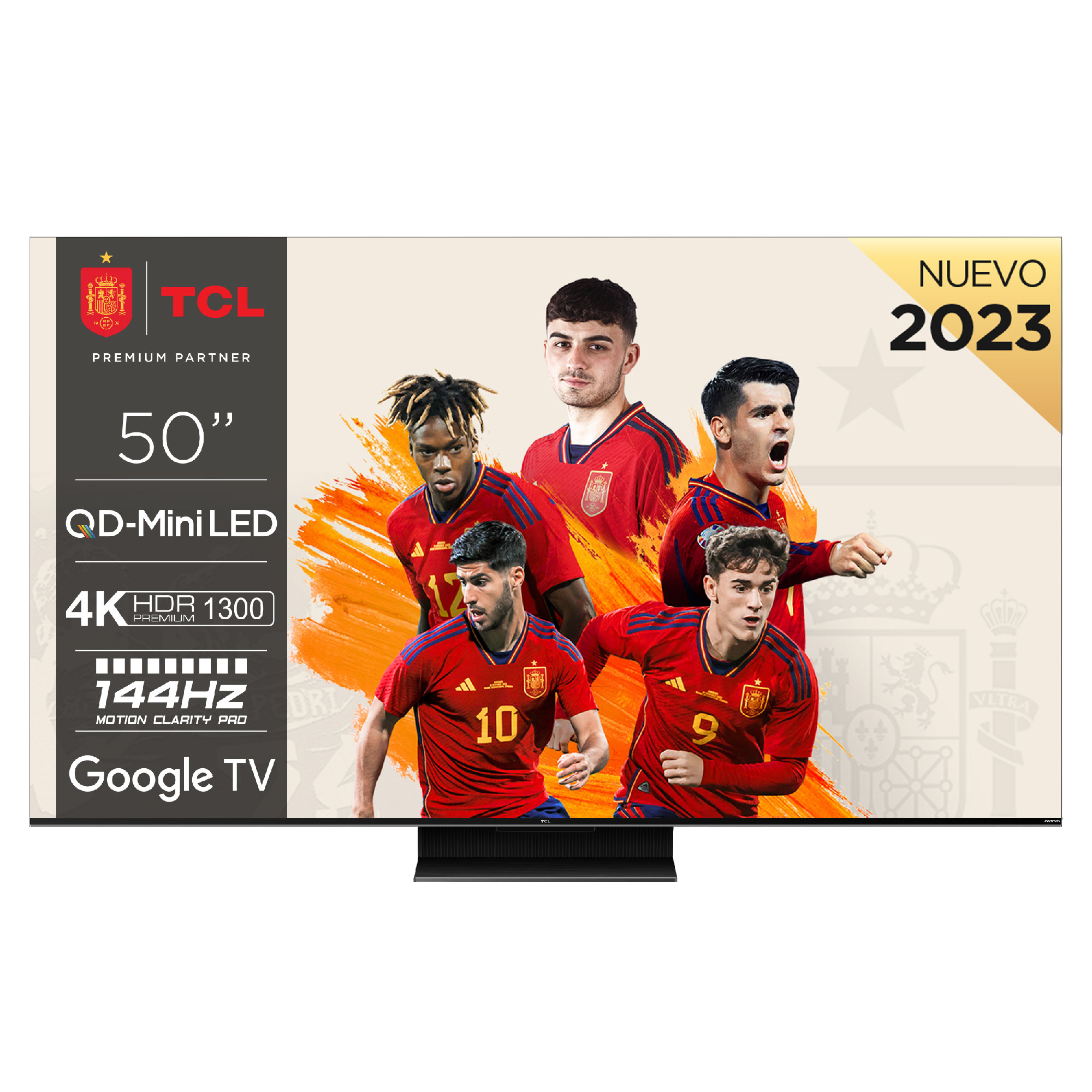 TV TCL 50" mostrando equipo de fútbol rojo. Características: 4K HDR, Google TV y 144Hz.