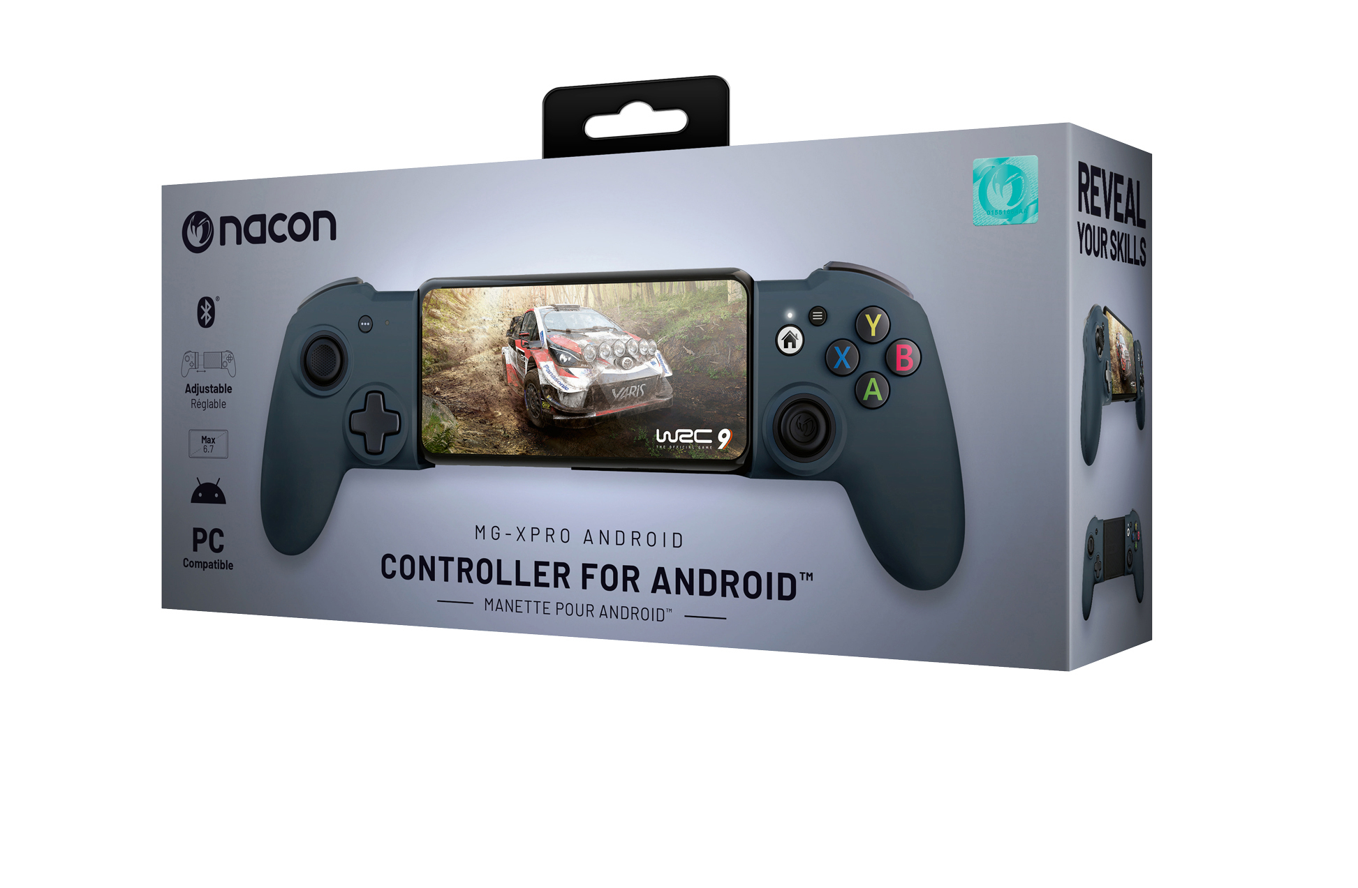 Verpackter grauer Controller mit Telefon, weißer Hintergrund. Der Controller ist für Android, mit Tasten und Joysticks.