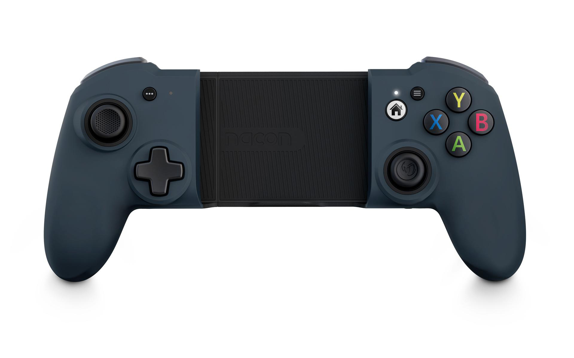 Ein blau-graues Gamepad mit Knöpfen und einem zentralen Telefonhalter.