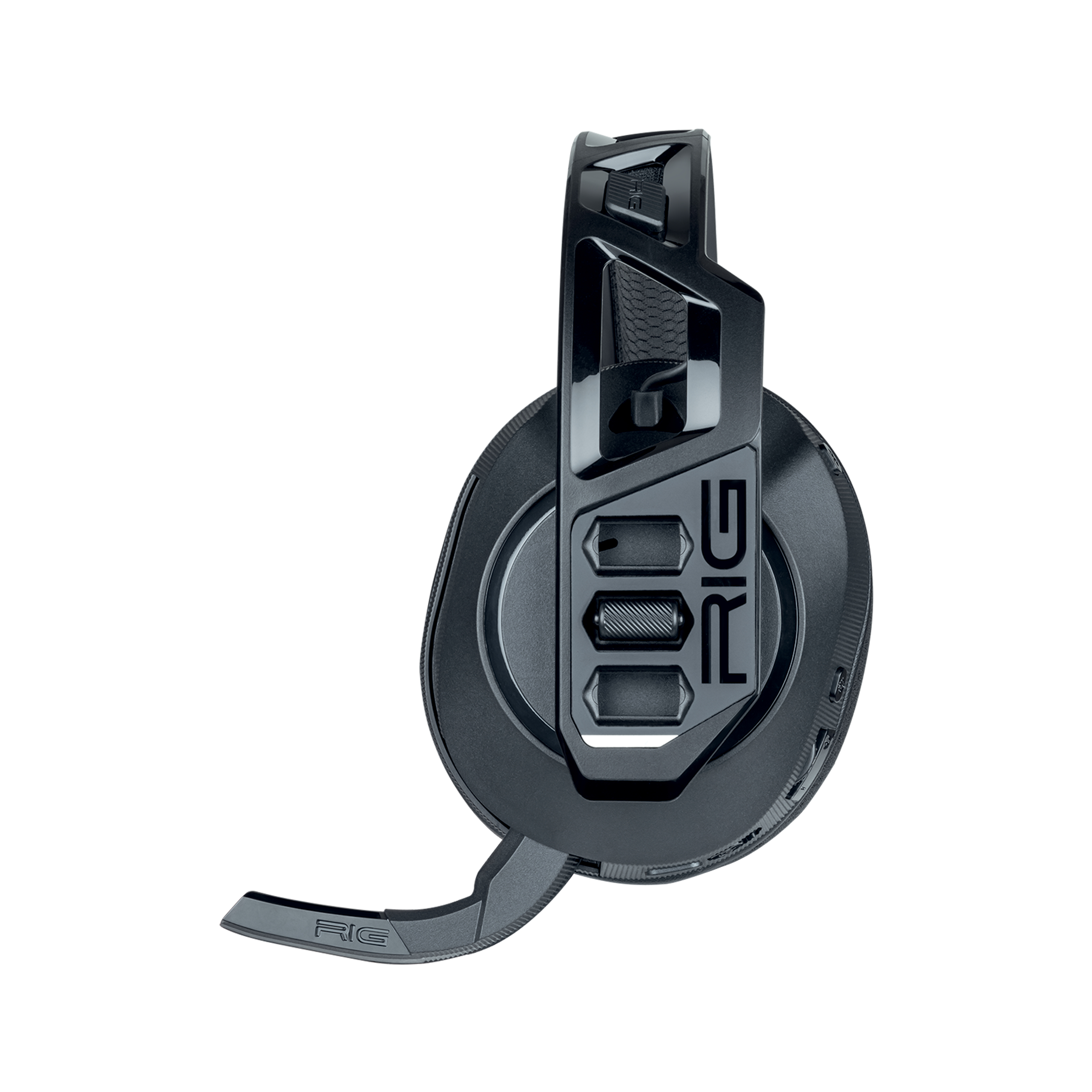 Schwarzes Gaming-Headset. Das Wort 'RIG' ist auf der Seite sichtbar.