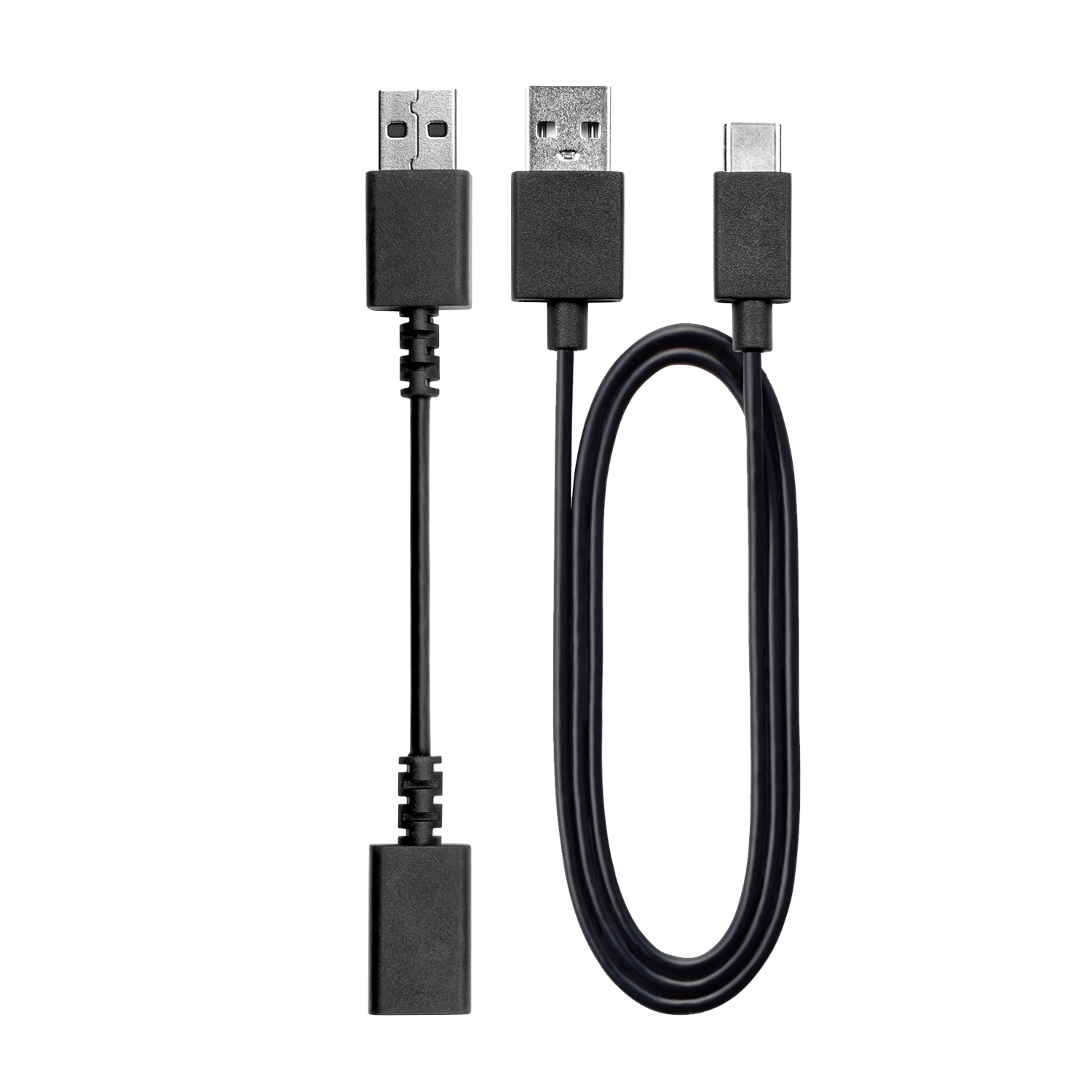 Drei schwarze USB-Kabel: USB zu USB, USB zu USB-C und ein USB-zu-USB-C-Adapter.