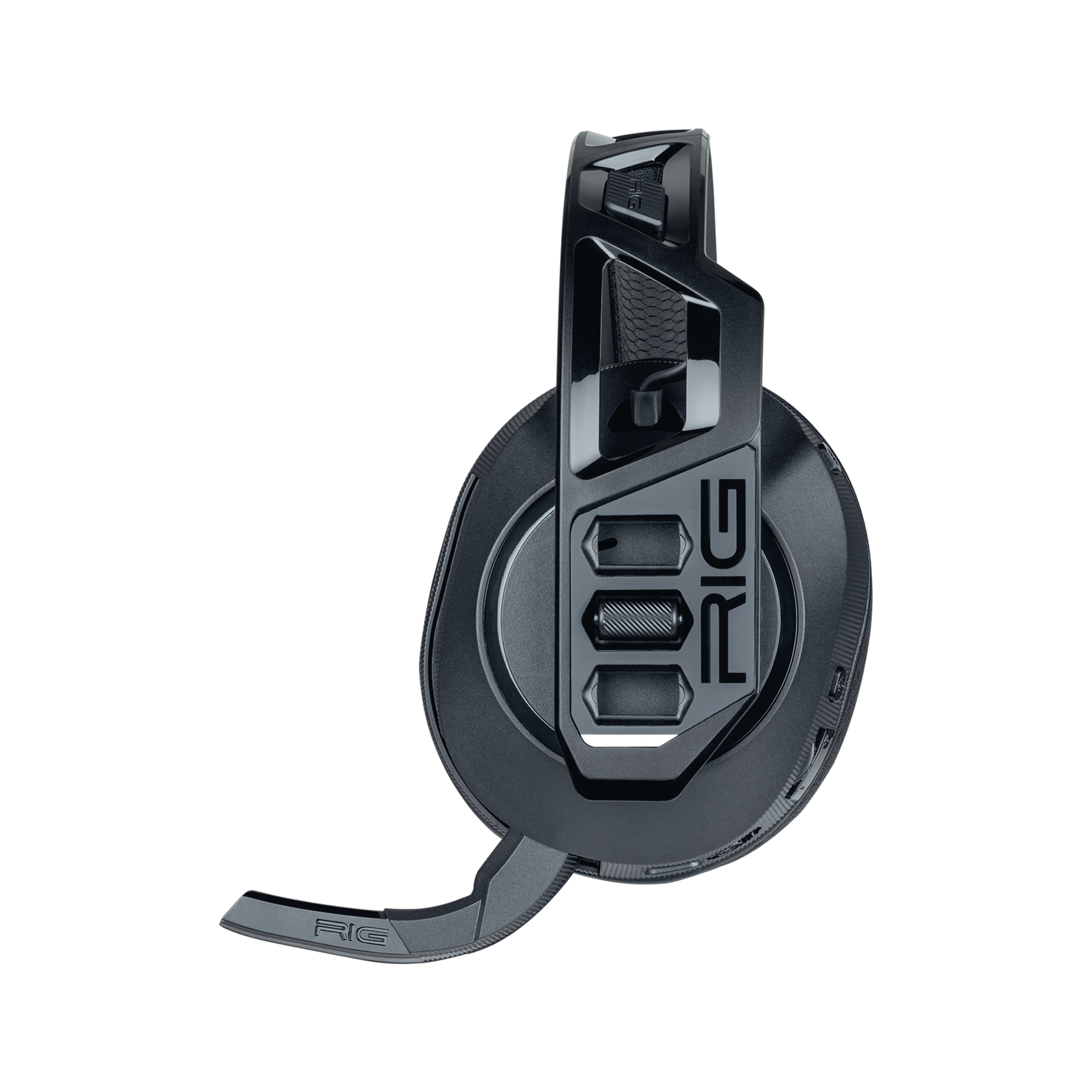 Schwarzes Gaming-Headset, mit ausgefahrenem Mikrofonarm, auf weißem Hintergrund.