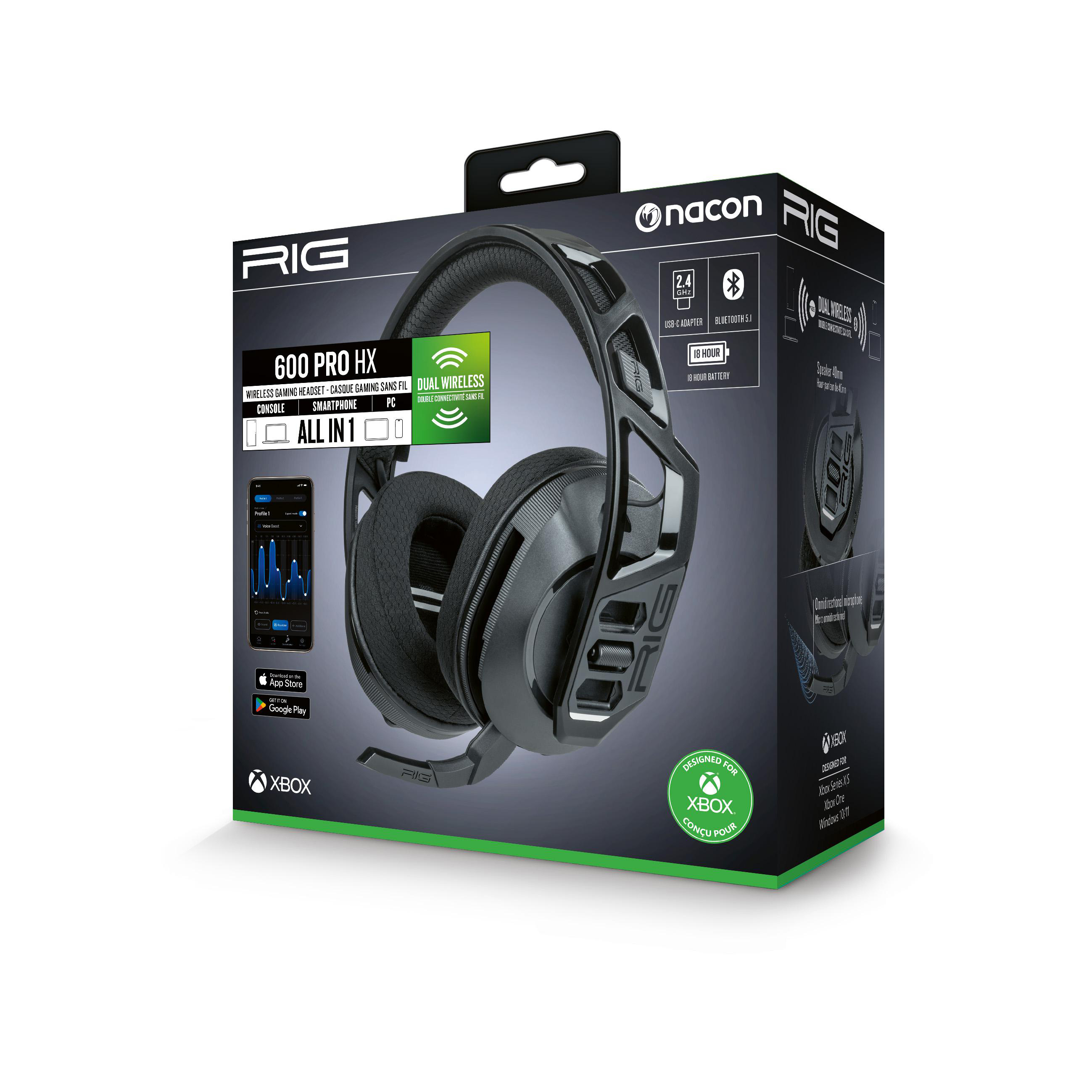 Schwarzes Gaming-Headset in einer Box. Die Box ist schwarz und grün und enthält das Headset.