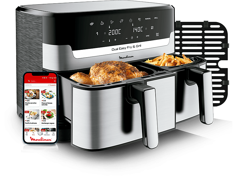 Freidora de aire  Moulinex Dual Fry & Grill EZ905D, Cocinado Dual, 2700 W,  8.3 L, 2 Cubetas, 200 °C, Tecnología Extra-Crisp, 8 Modos, Táctil, Inox
