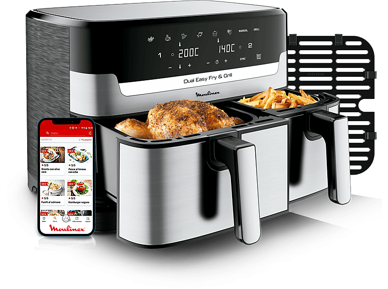 Freidora de aire  Moulinex Easy Fry & Grill XXL EZ801D, 6.5 L, Con  Separador, Cocina 2 platos a la Vez, 1830 W, 220 °C, 16 funciones, Táctil,  Inox.