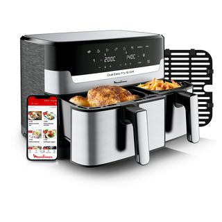 Freidora de aire - Moulinex Dual Fry & Grill EZ905D, Cocinado Dual, 2700 W, 8.3 L, 2 Cubetas, 200 °C, Tecnología Extra-Crisp, 8 Modos, Táctil, Inox