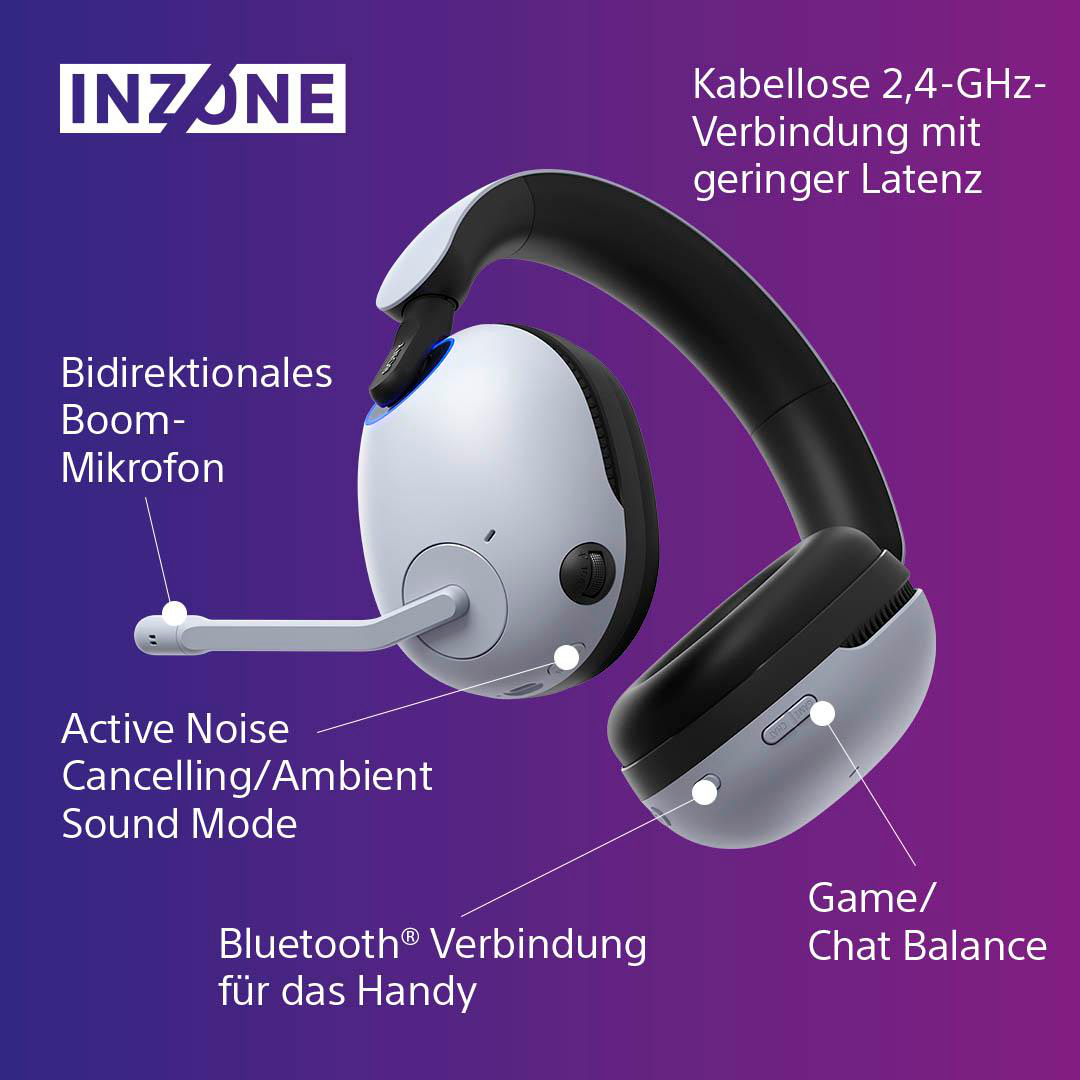 Gaming-Headset, weiß und schwarz, mit Mikrofon und Steuertasten, auf lila Hintergrund platziert.