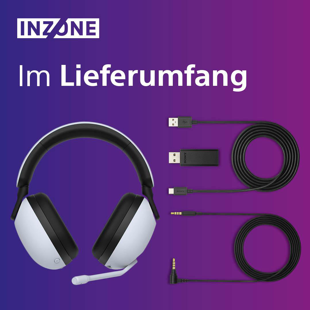 Weiße und schwarze INZONE Kopfhörer mit Zubehör: USB-Kabel, Dongle und Audiokabel.