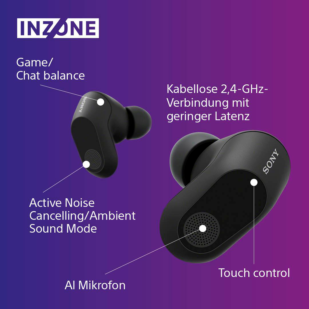 Zwei kabellose Ohrhörer, schwarz, mit Text zur Beschreibung der Funktionen.