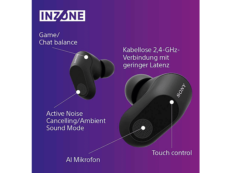 SONY Inzone Buds – True Wireless Noise Cancelling-Ohrstöpsel für Gaming – 360° Spatial Sound, ANC, 24 h Akkulaufzeit, geringe Latenz, Mic mit KI, Schwarz; True Wireless Kopfhörer — Foto 5 von 5