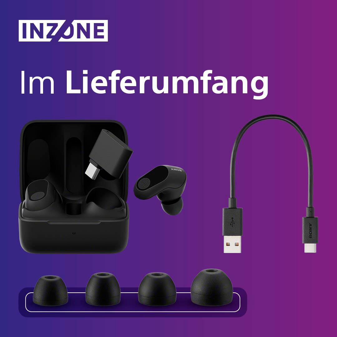 INZONE-Set aus schwarzen Ohrhörern, Ladecase, zusätzlichen Aufsätzen und einem Ladekabel. Lila Hintergrund.