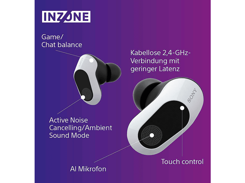 SONY Inzone Buds – True Wireless Noise Cancelling-Ohrstöpsel für Gaming – 360° Spatial Sound, ANC, 24 h Akkulaufzeit, geringe Latenz, Mic mit KI, Weiß; True Wireless Kopfhörer — Foto 5 von 5