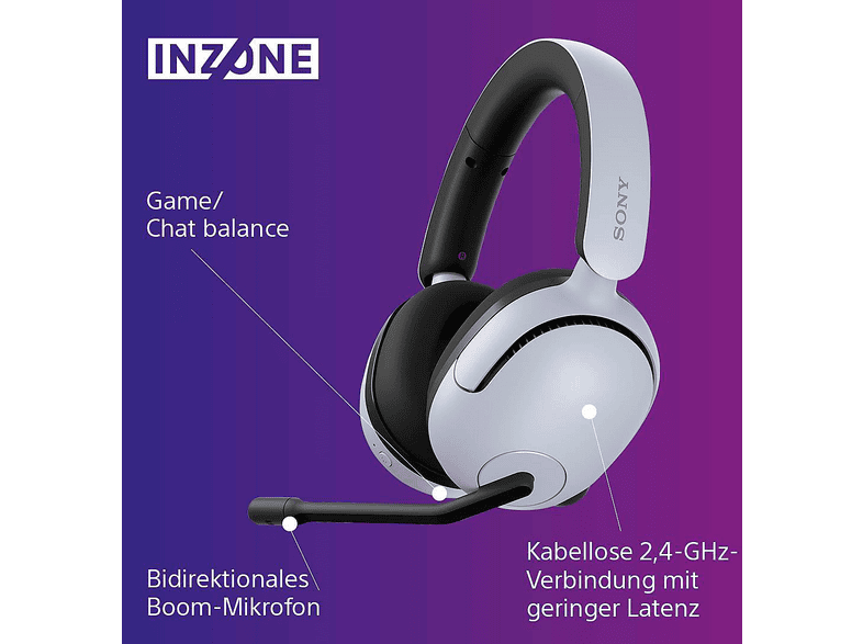 SONY Inzone H5 Kabelloses Gaming-Headset– PC/PS5, 360° Spatial Sound für Gaming, 28 h Akkulaufzeit, geringe Latenz, komfortables Design, Mic mit KI, Weiß; Gaming Headset — Foto 5 von 5