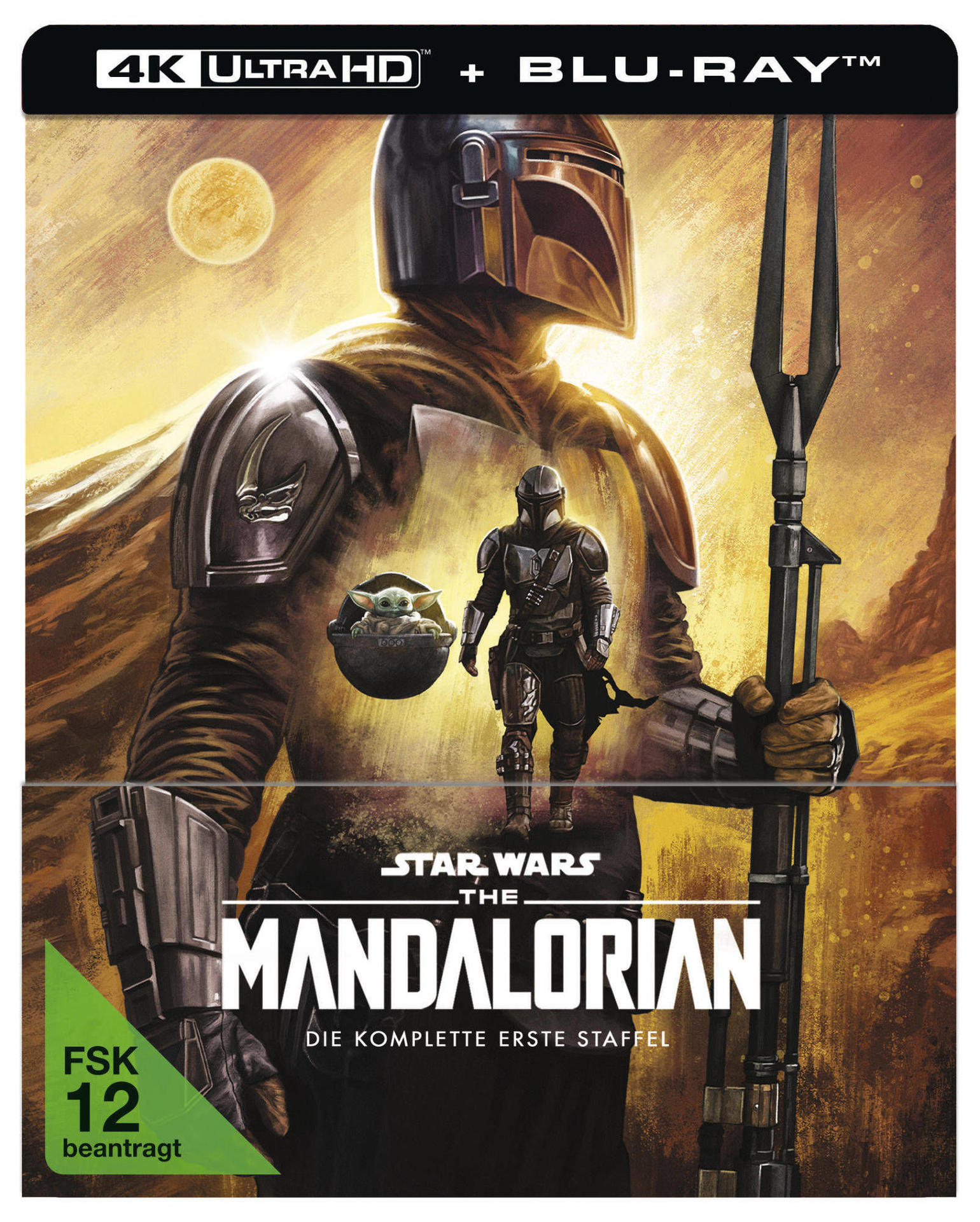 Blu-ray-Cover von The Mandalorian. Ein Mandalorianer steht mit Baby Yoda.