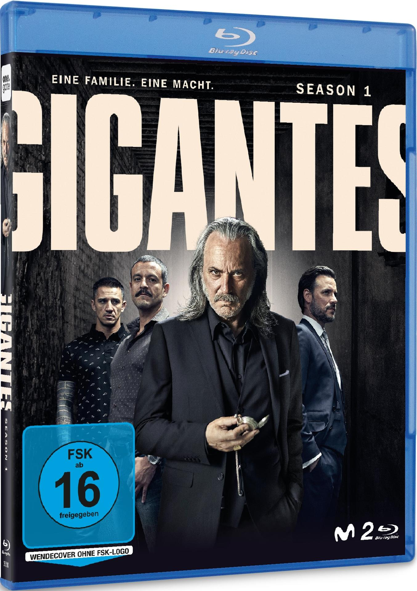 Staffel 1 von Gigantes auf Blu-ray. Das Cover zeigt eine Gruppe von Männern in dunkler Umgebung.