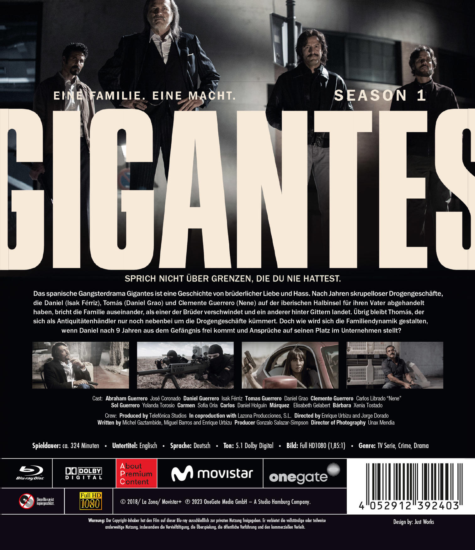 DVD-Hülle der Fernsehserie "Gigantes". Dunkler Hintergrund mit Bildern von Schauspielern und Text.
