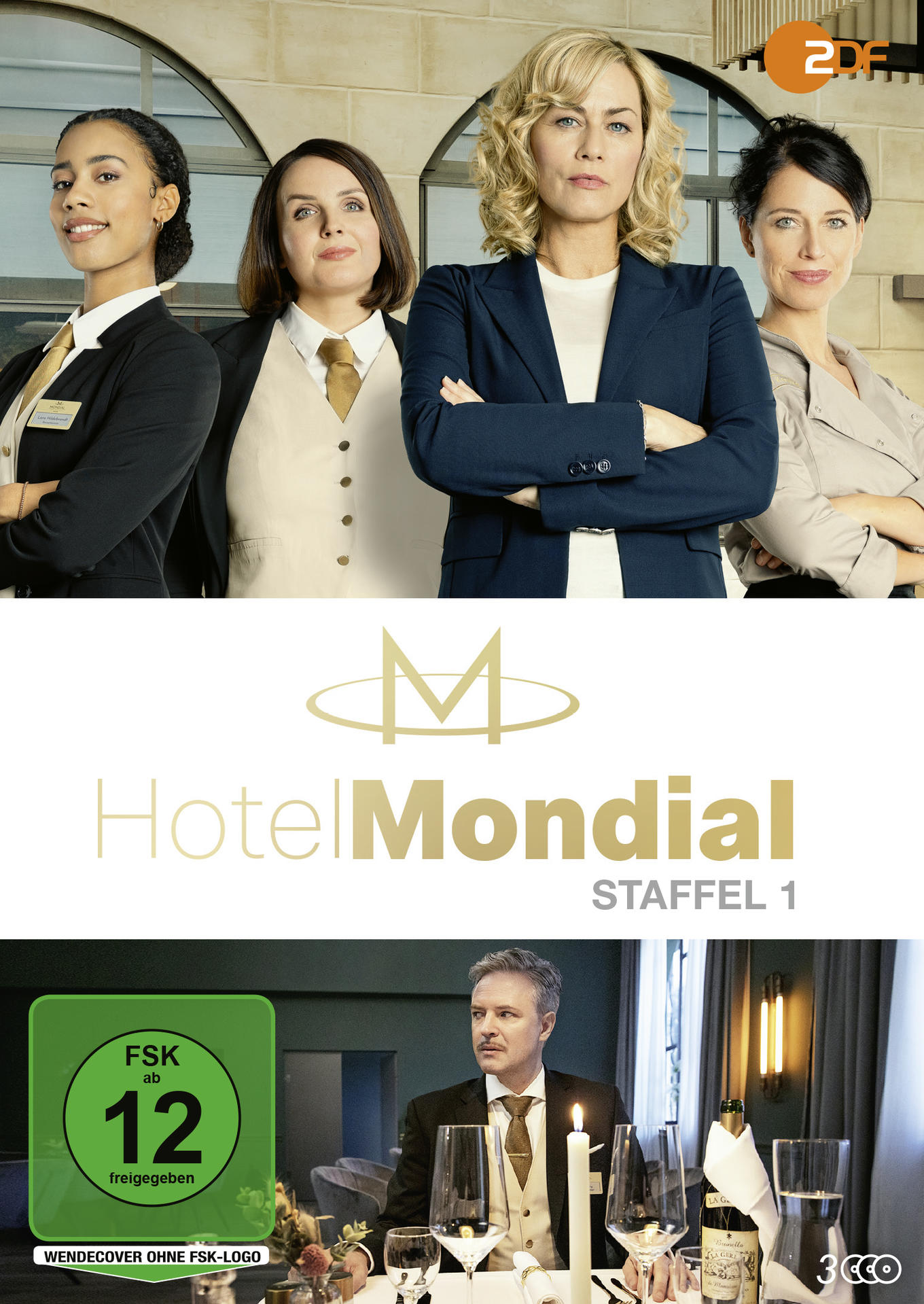 Filmposter. Vier Frauen vor einem Mann. Titel: Hotel Mondial. Bewertung: FSK ab 12 freigegeben.