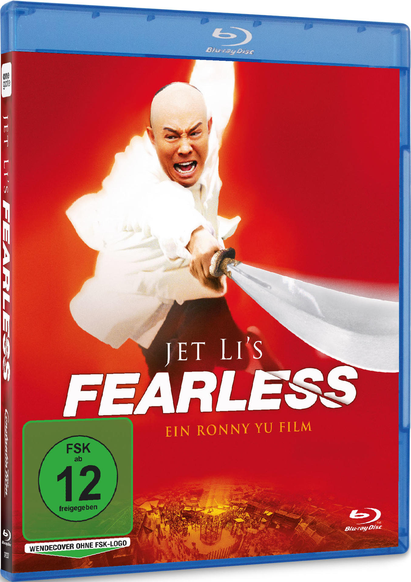 Jet Li's Fearless Blu-ray Cover. Jet Li hält ein Schwert. Roter Hintergrund mit weißem Text.