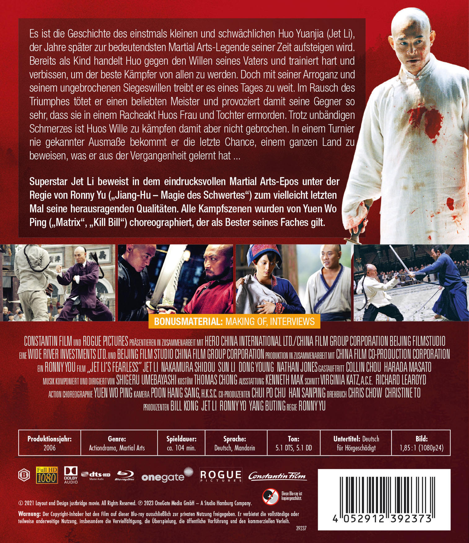 Rückseite eines Films mit Jet Li. Es gibt Text und Bilder aus dem Film.