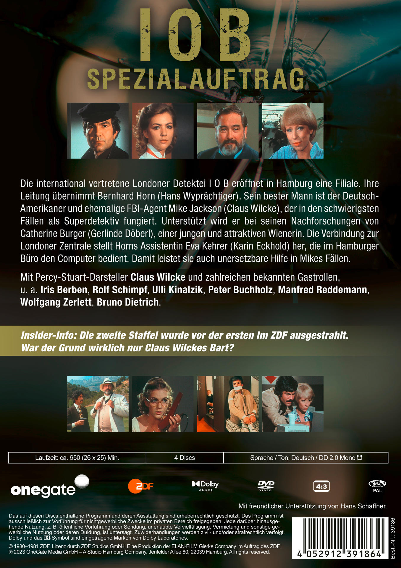 Rückseite einer DVD mit Text und Bildern. Zeigt vier Personen und den Titel: IOB Spezialauftrag.
