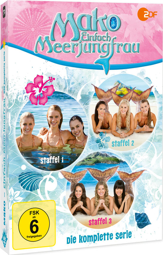 DVD-Cover der Serie 'Mako - Einfach Meerjungfrau' mit Meerjungfrauen und Blumendesign.