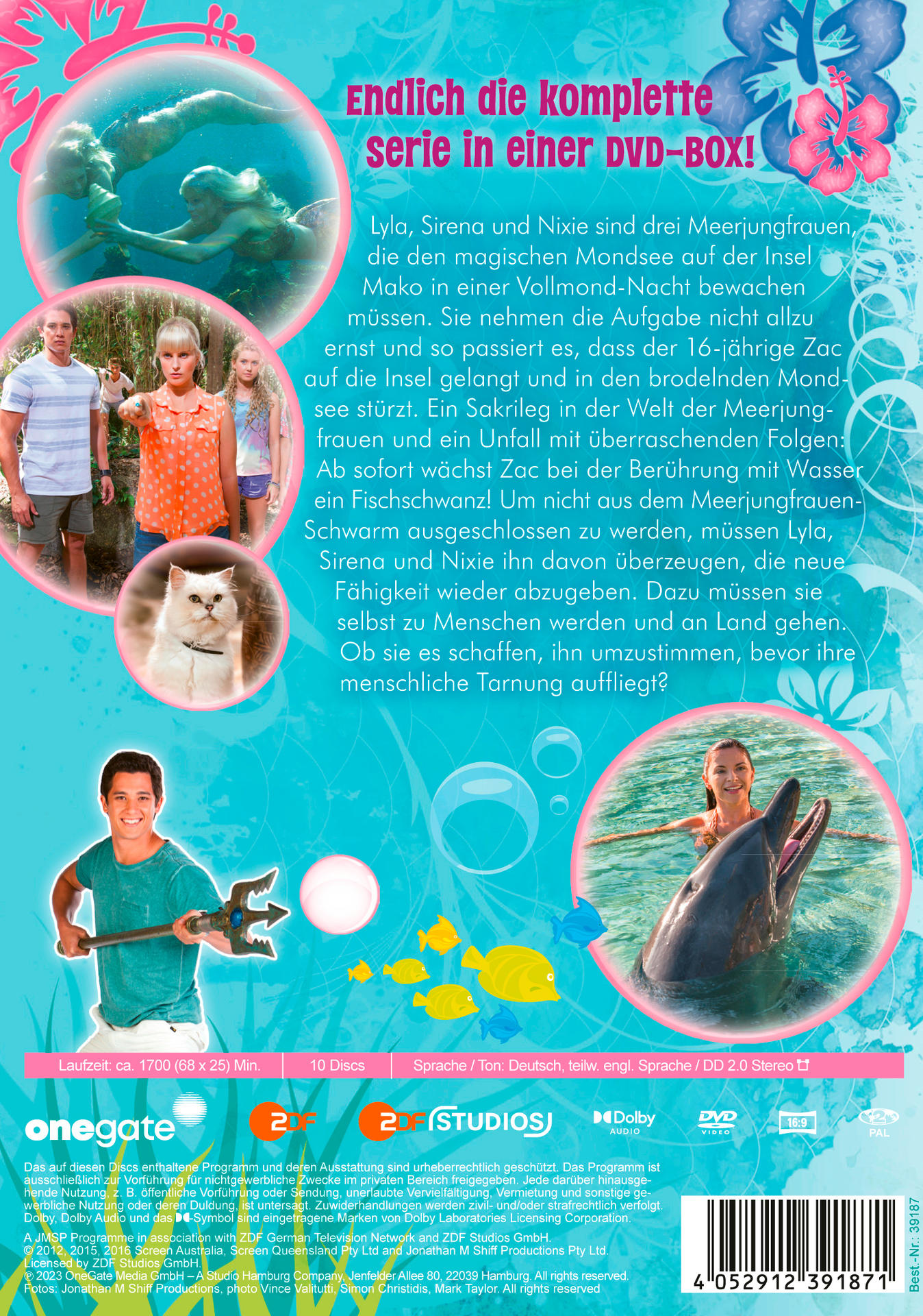 Rückseite einer DVD-Box. Zeigt eine Meerjungfrau, einen Jungen und einen Delfin.