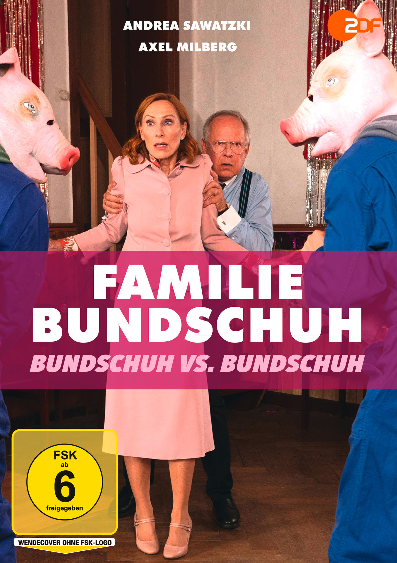 Filmplakat mit einer Frau und einem Mann in einem rosa Kleid. Es gibt zwei Personen mit Schweinemasken.