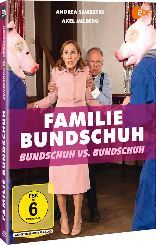 DVD-Hülle. Eine Frau und ein Mann stehen mit zwei Personen in Schweinemasken.