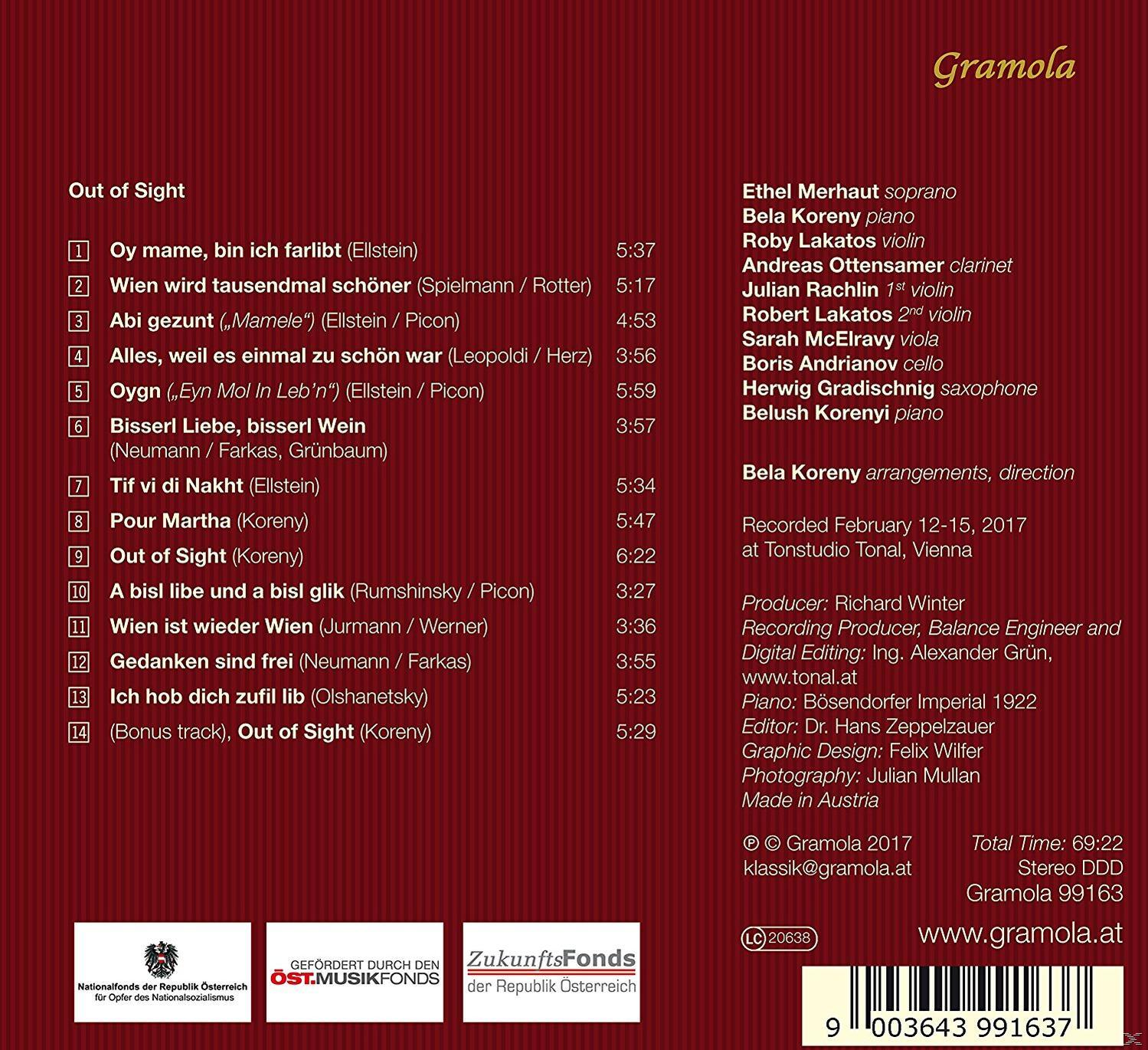 Notenseite. Text: Out of Sight, Titelliste, Credits. Enthält Logos und Copyright-Informationen.