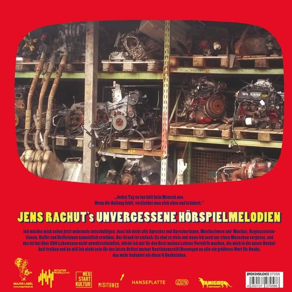 Rückseite einer CD mit alten Autoteilen, Motoren und Text auf Deutsch. Das Cover ist rot.