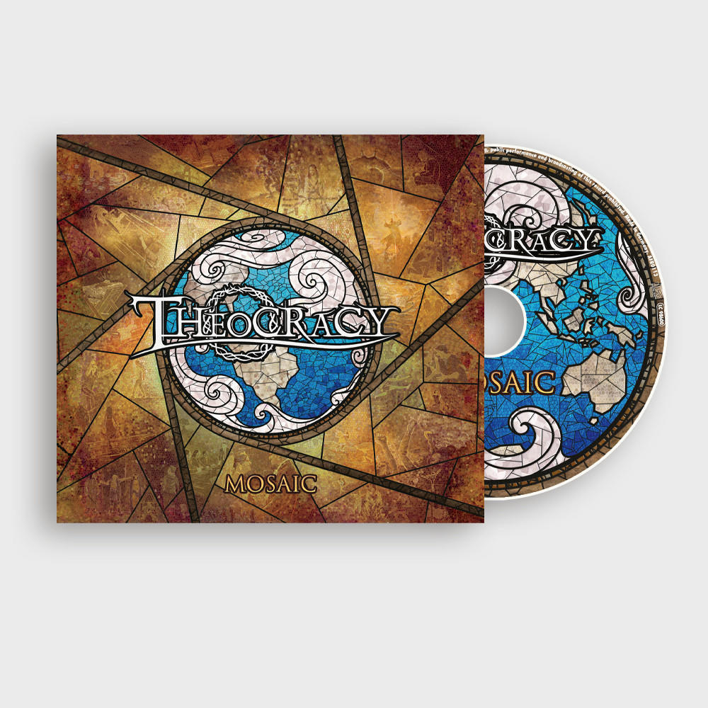 CD-Cover mit THEOCRACY, MOSAIC-Text und einem Globus in einem Buntglas-Design, auf weißem Hintergrund.