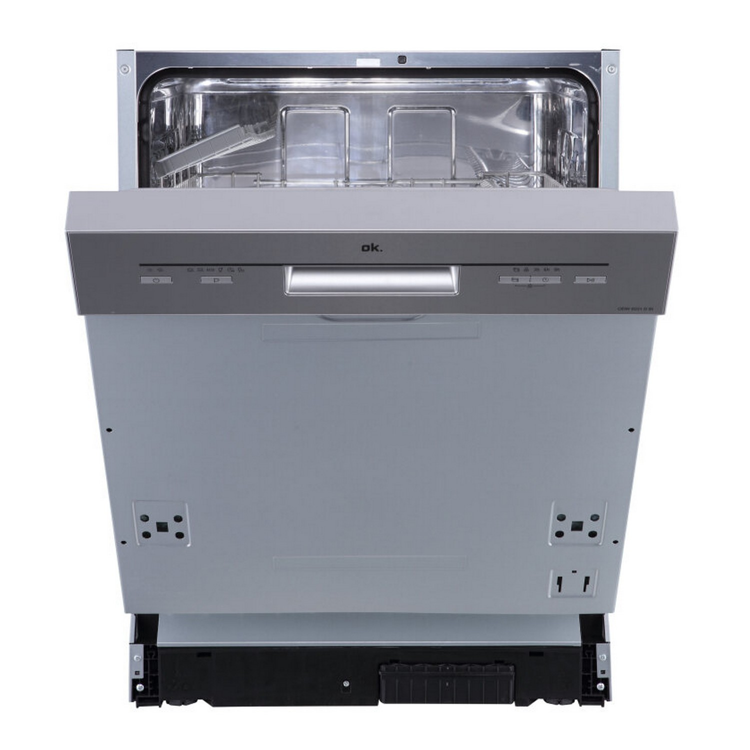 Dishwasher with open door. Control panel below the door. Stainless steel interior. White background.