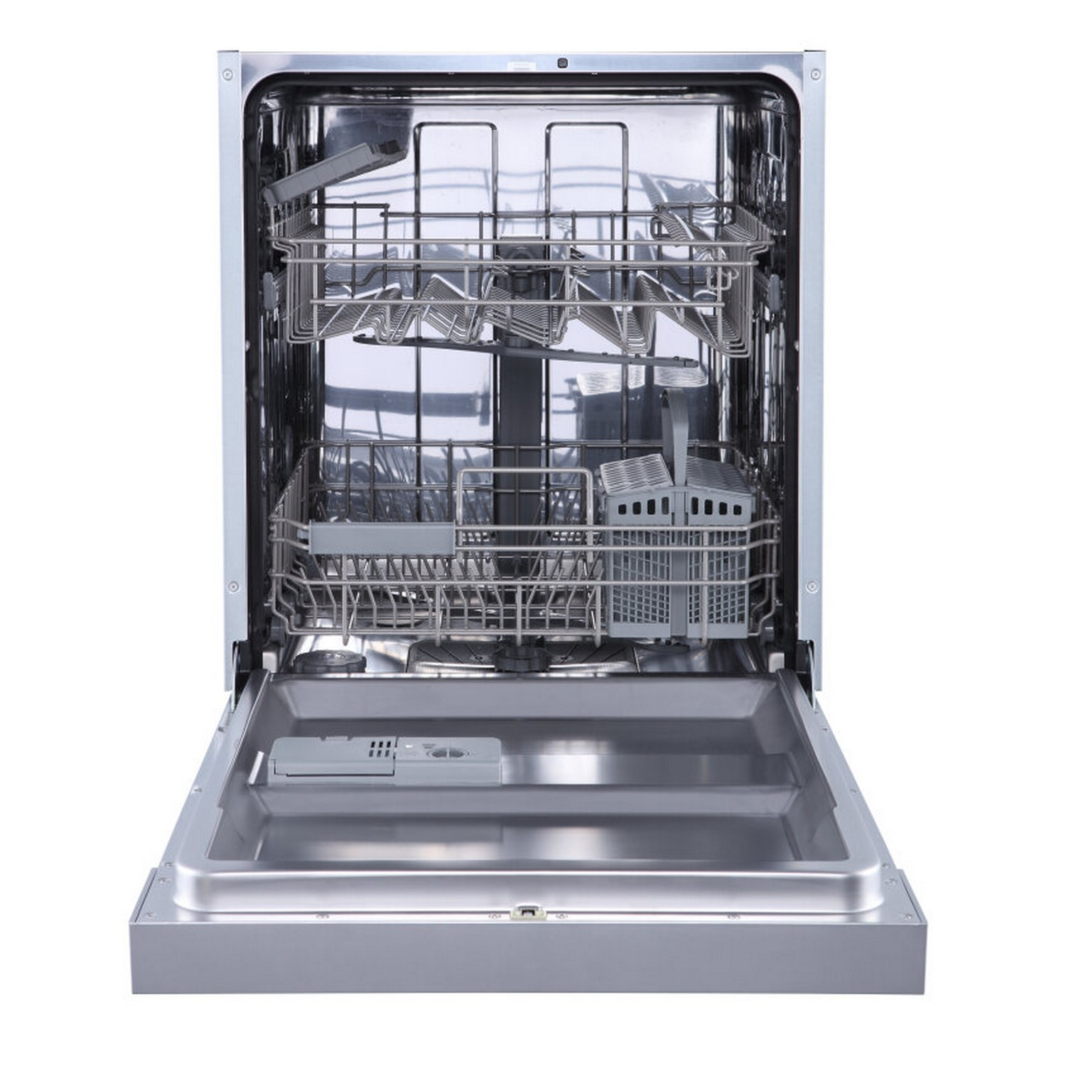 An open dishwasher. Inside, racks hold plates, glasses, and silverware. Silver interior, gray racks, white background.