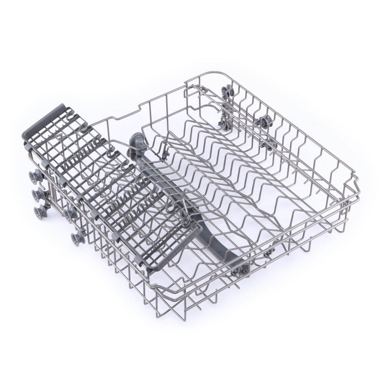 A dishwasher basket made of wire mesh, with various compartments and supports.