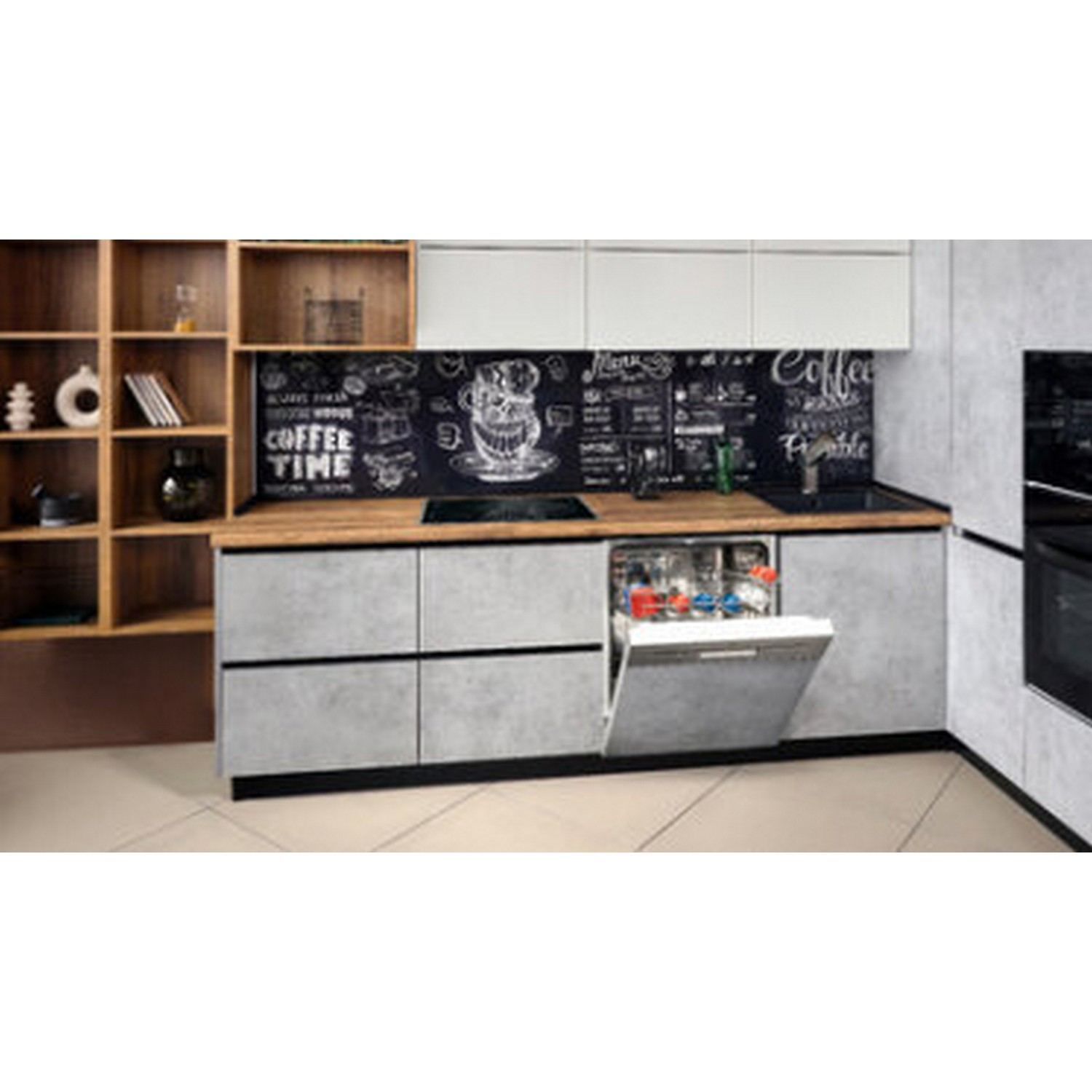 Modern kitchen interior with open dishwasher and chalkboard backsplash with coffee-related graphics.