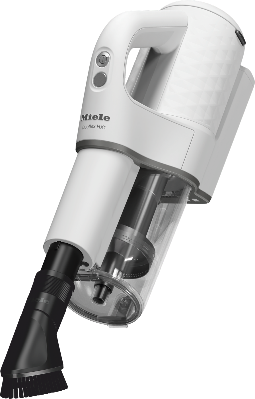 Un aspirapolvere bianco Miele Duoflex HX1. Ha un ugello nero con spazzola, un contenitore trasparente e un'impugnatura con bottoni.