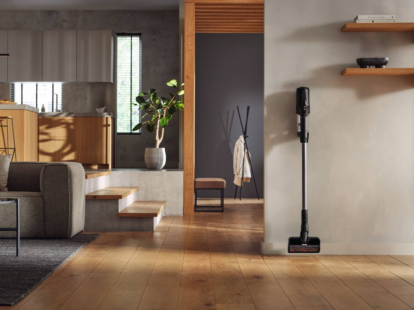 Scatto di interni di una casa con un aspirapolvere, pavimento in legno e pianta verde.