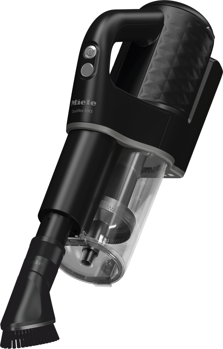 Aspirapolvere Miele Duoflex HX1 nero. Ha un contenitore della polvere trasparente.