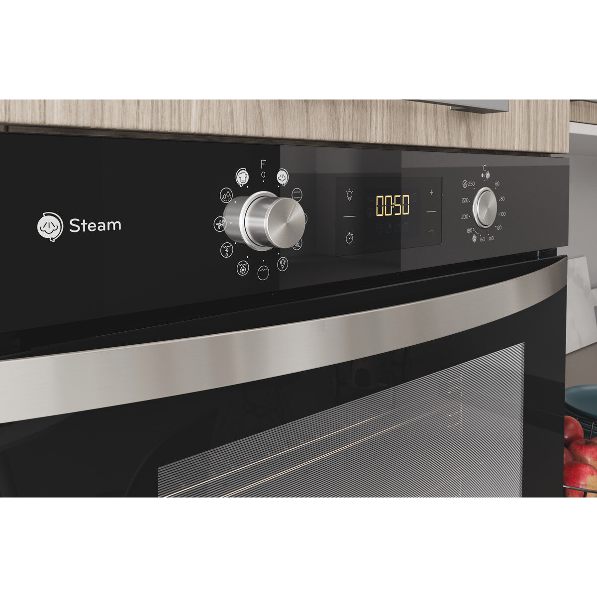 Czarny piekarnik z cyfrowym wyświetlaczem i elementami sterującymi.