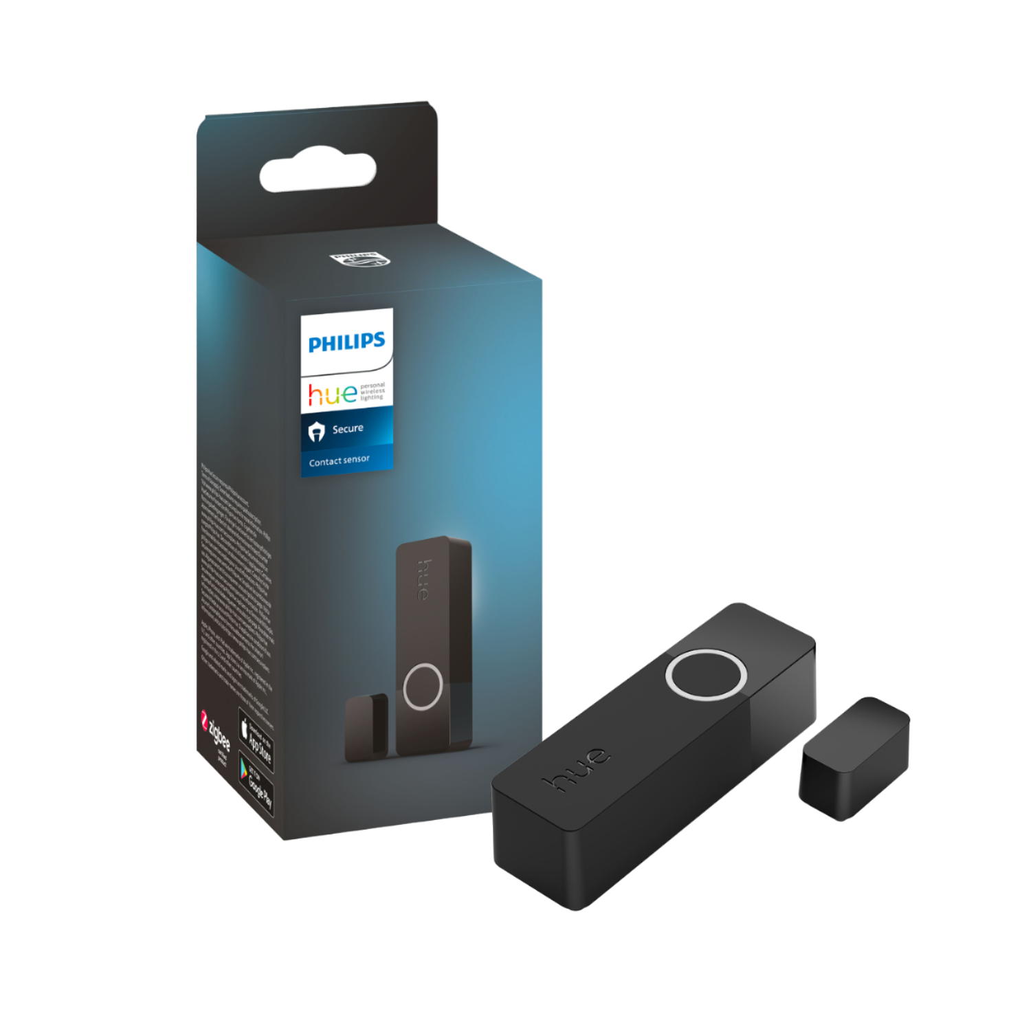 Zwarte doos met logo en een kleine sensor. Het is een slimme beveiligingsproduct.