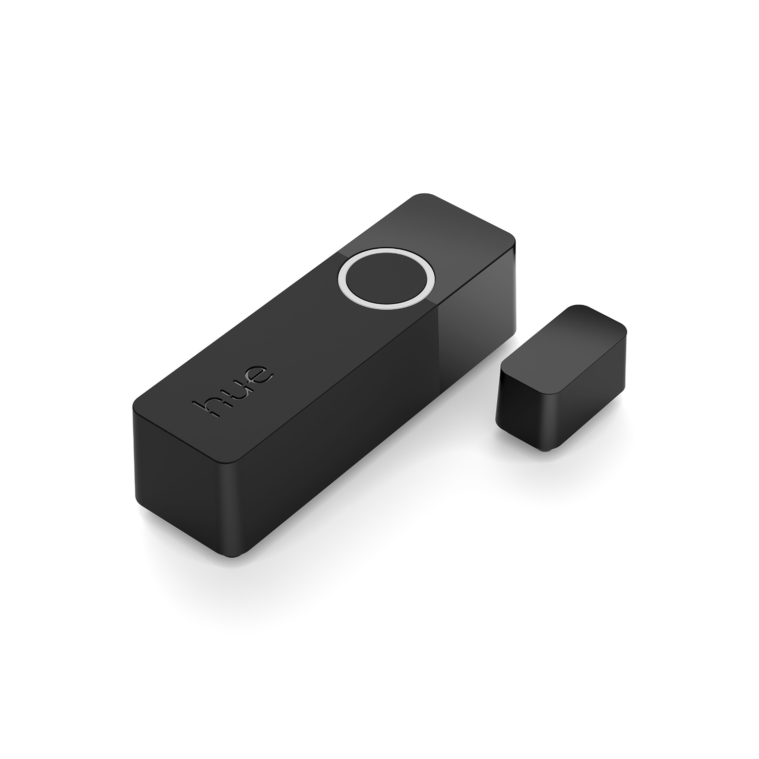 Zwart rechthoekig smart home-apparaat met een witte cirkel.