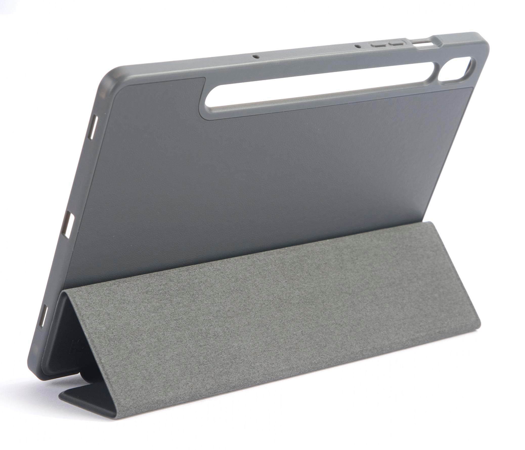 Graue Tablethülle mit Ständer. Das Tablet ist leicht sichtbar.