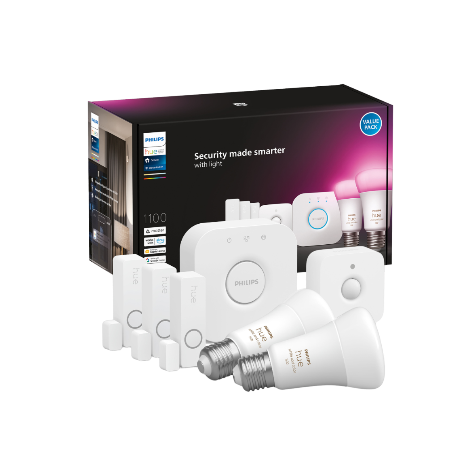 PHILIPS HUE Secure Starterkit - E27-ledlampen, Sensoren en Bridge
