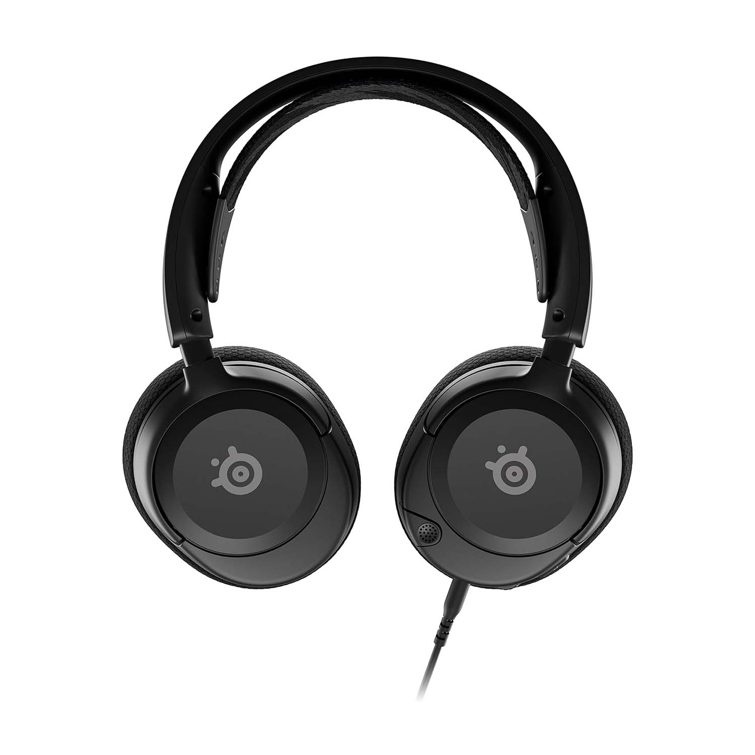 Cuffie nere con padiglioni auricolari con logo. Un cavo si estende dalla cuffia destra.