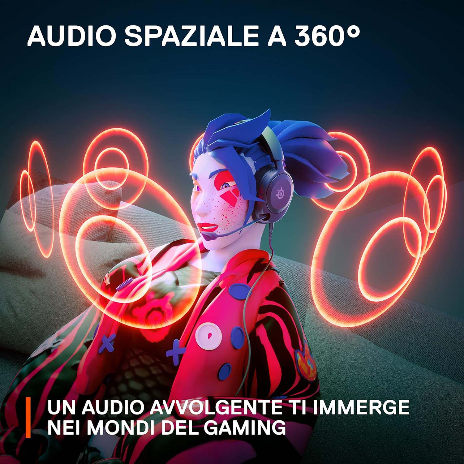 Persona con cuffie con onde audio intorno. Testo: Audio spaziale.