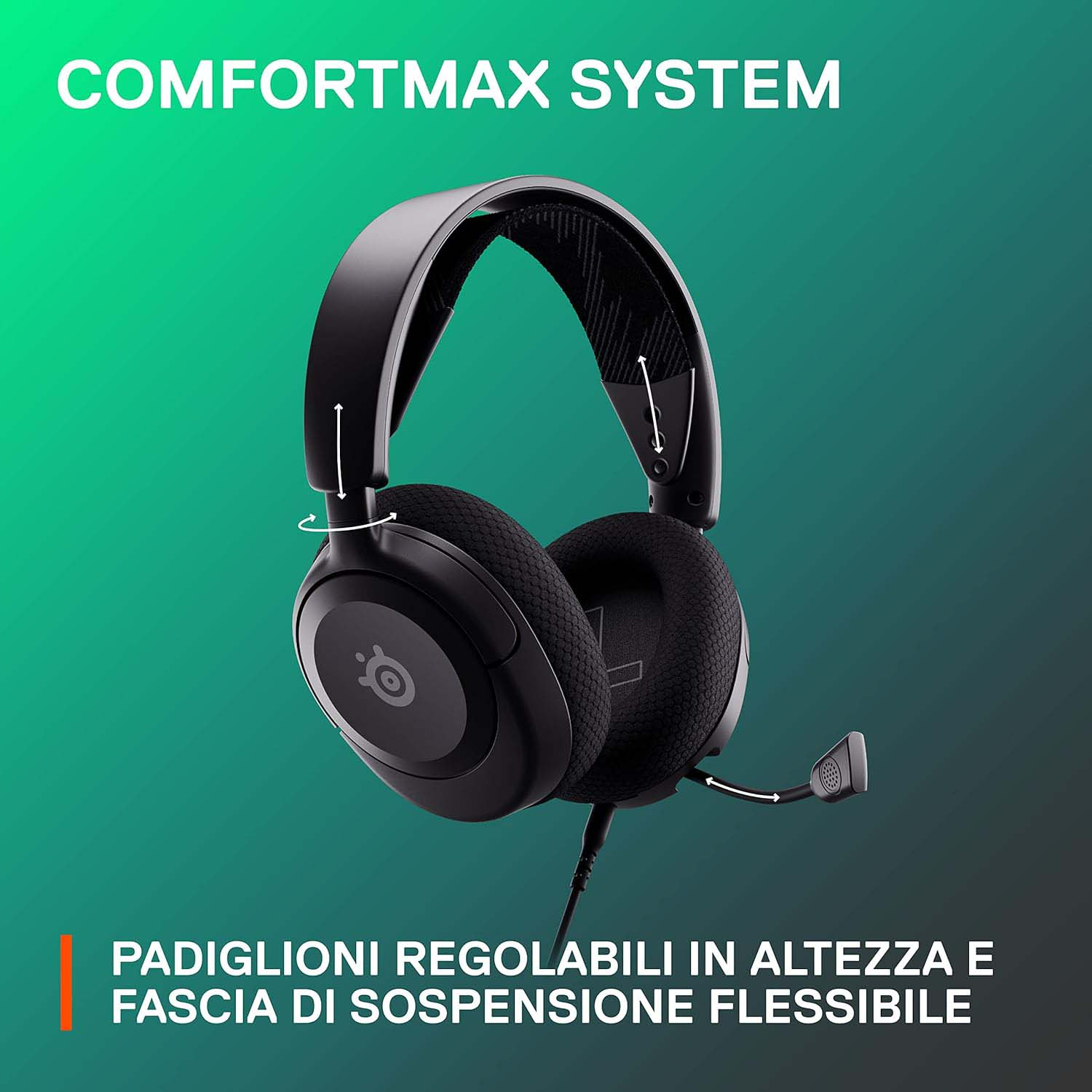 Cuffie nere con testo ComfortMax System e padiglioni regolabili su sfondo verde.