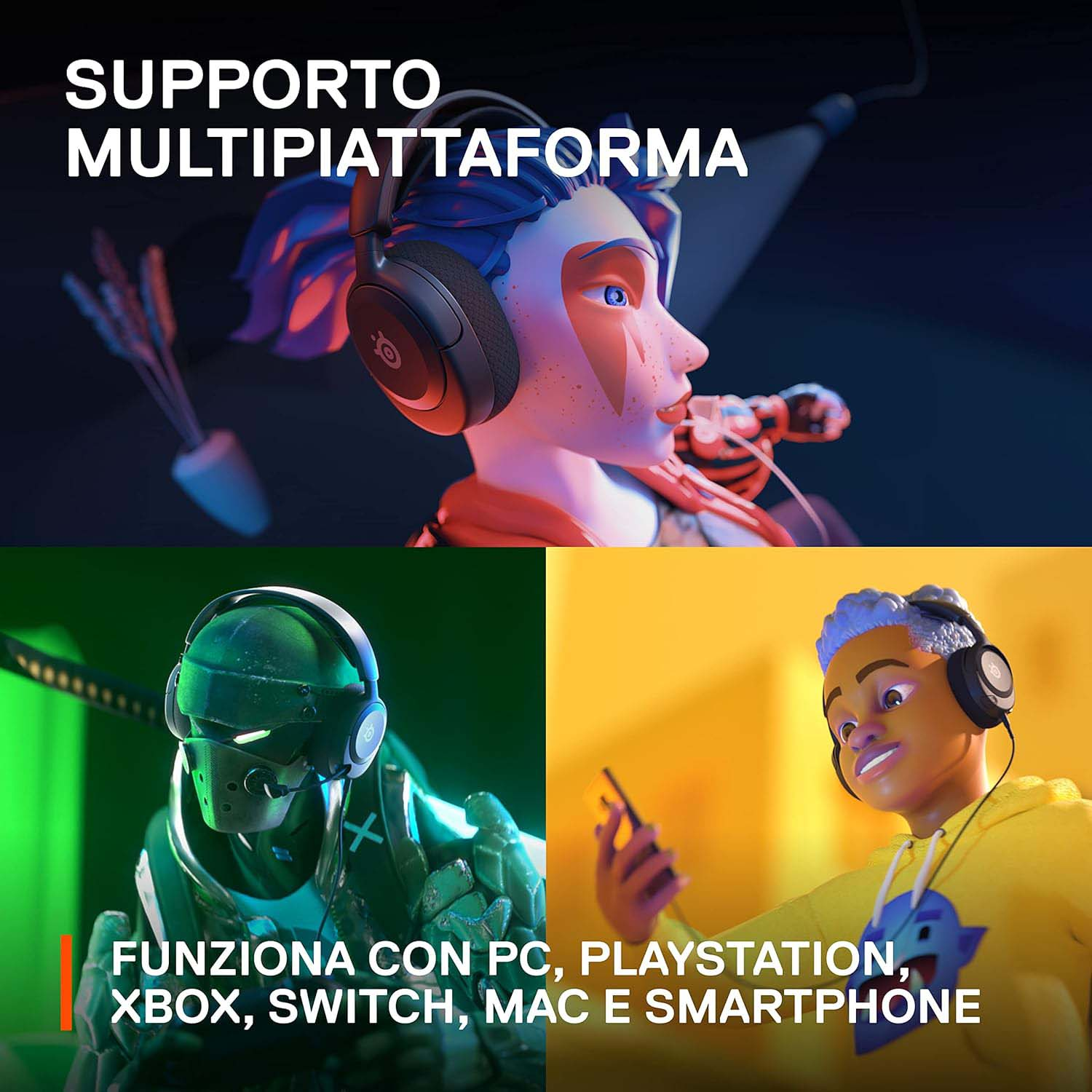 Tre personaggi animati con le cuffie, con testo sul supporto multipiattaforma.