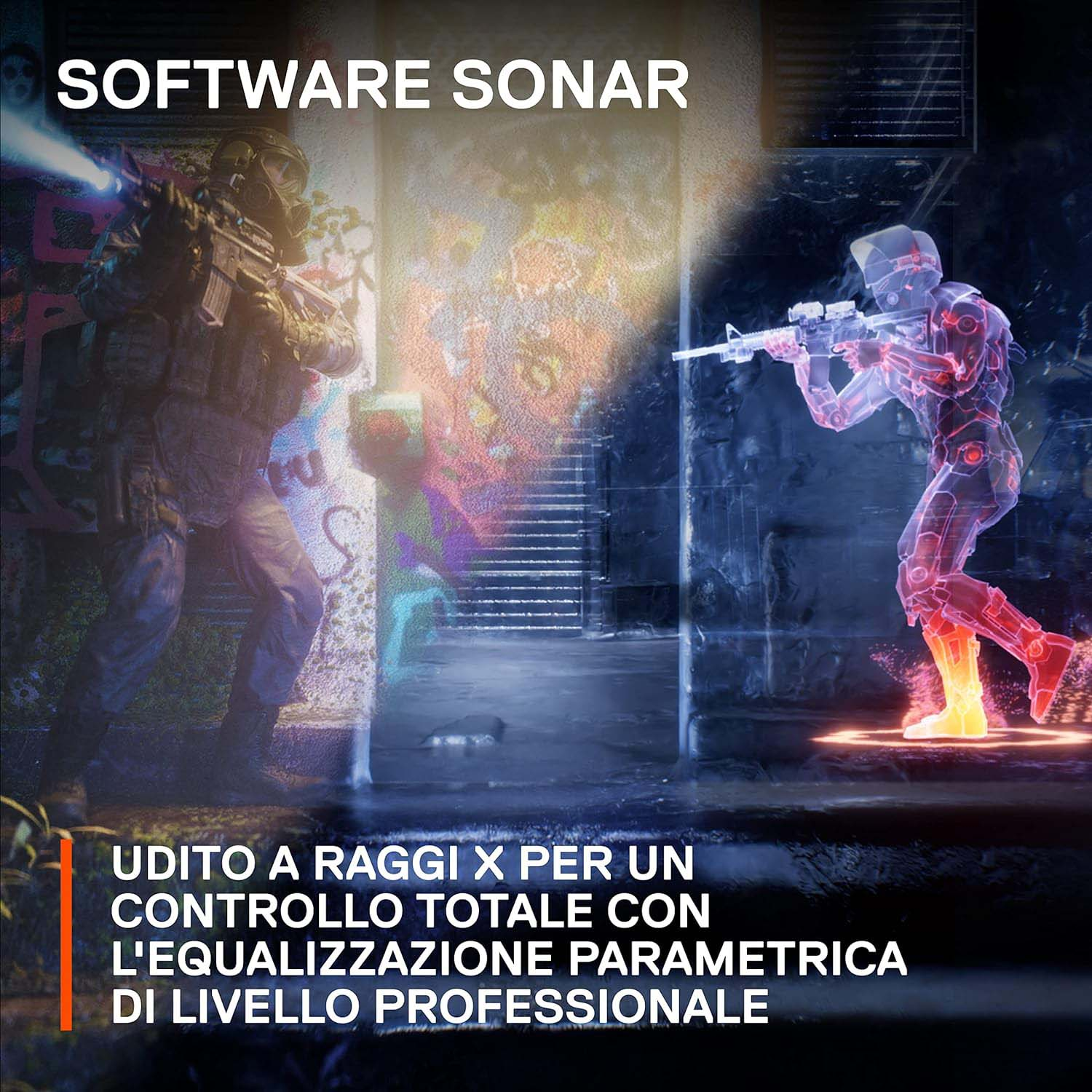 Un soldato che mira con un'arma. Un altro soldato sullo sfondo. Lo sfondo è scuro.